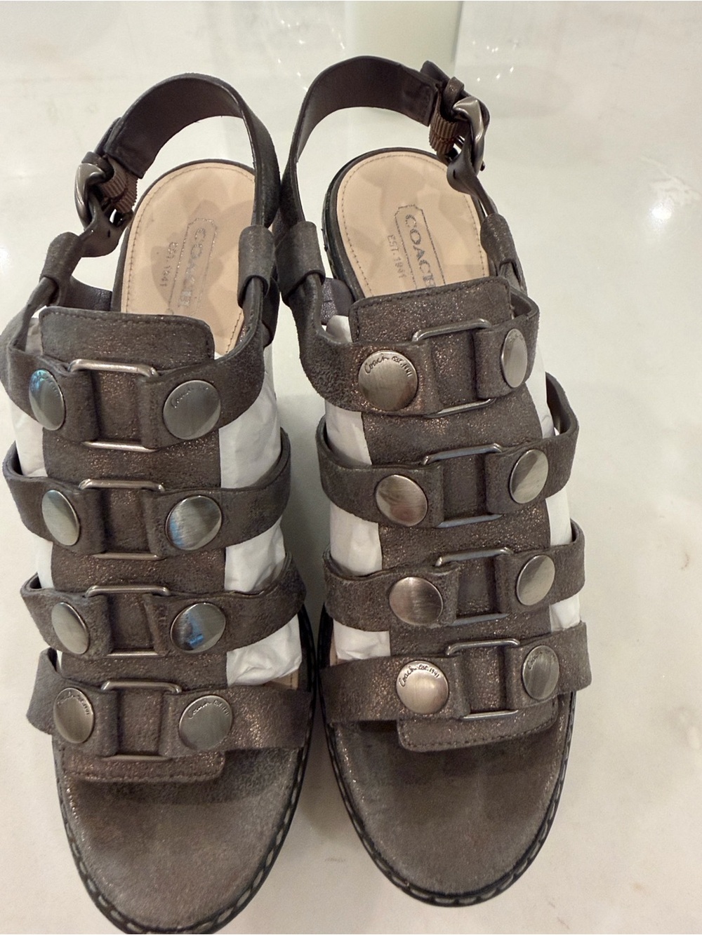Coach Metallic Tone Studded Multi-Strap Slingback Sandals
